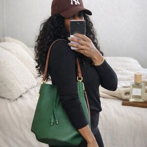 Green Leather Bucket Bag with Brown Strap